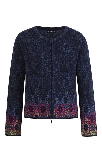 Strickjacke mit Reißverschluss Ornament Motiv, navy/marine